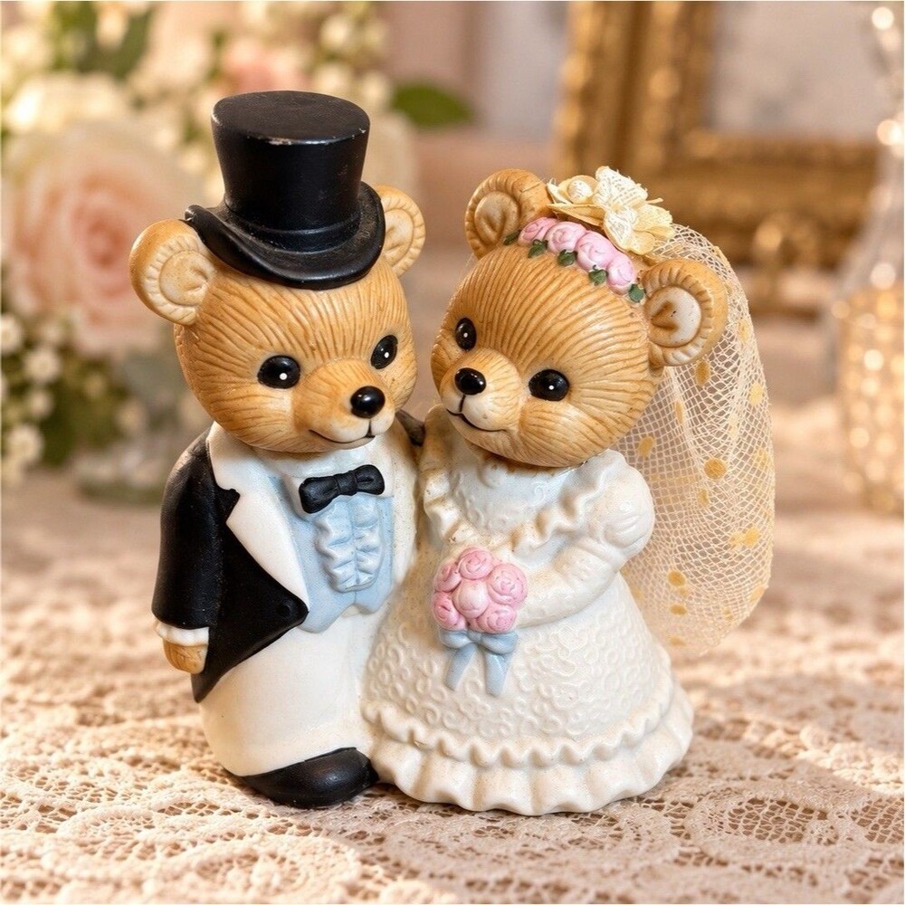 Vintage HOMCO 1424 Bride & Groom Teddy Bears Wedding Figurine Cake Topper Veil